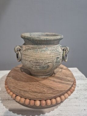 Decorative Pottery Vase Planter in Distressed Green-Beige Boho Style